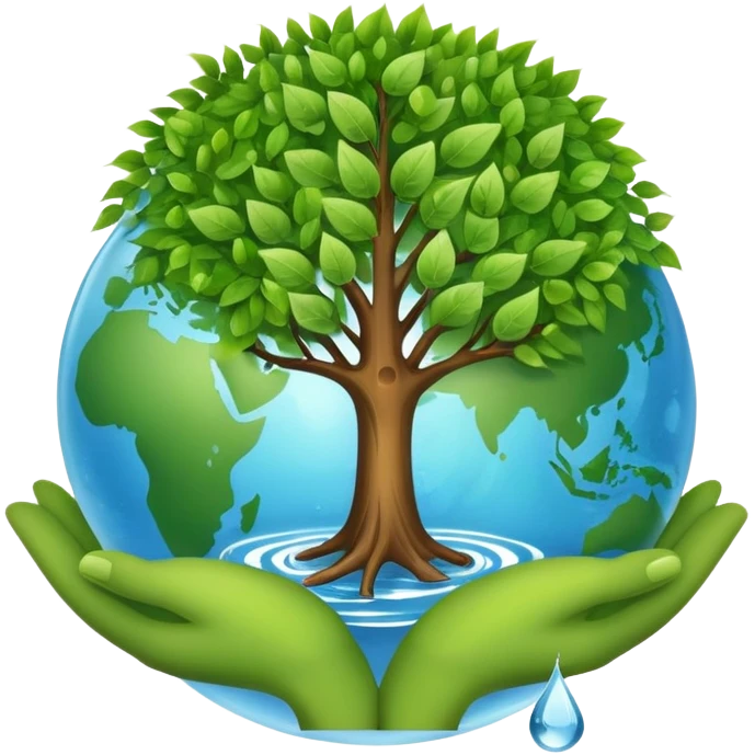 An icon featuring a tree, a recycling symbol, and a globe, representing ecology. The design includes green leaves, a water droplet, and wildlife, symbolizing the study of ecosystems, sustainability, and environmental protection. Transparent background. emoji