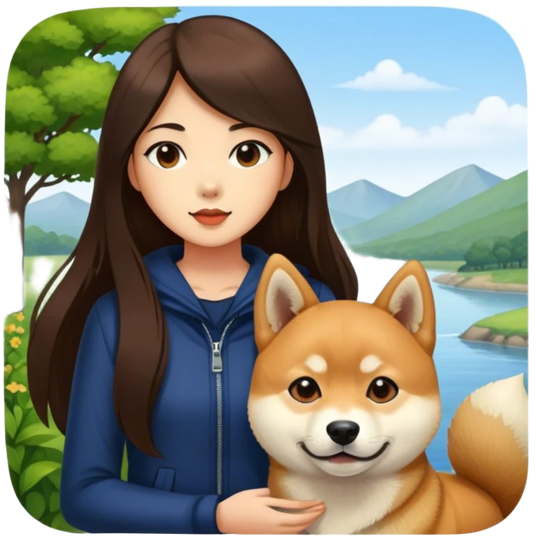 Really girl long dark brown hair with shiba inu outdoors emoji