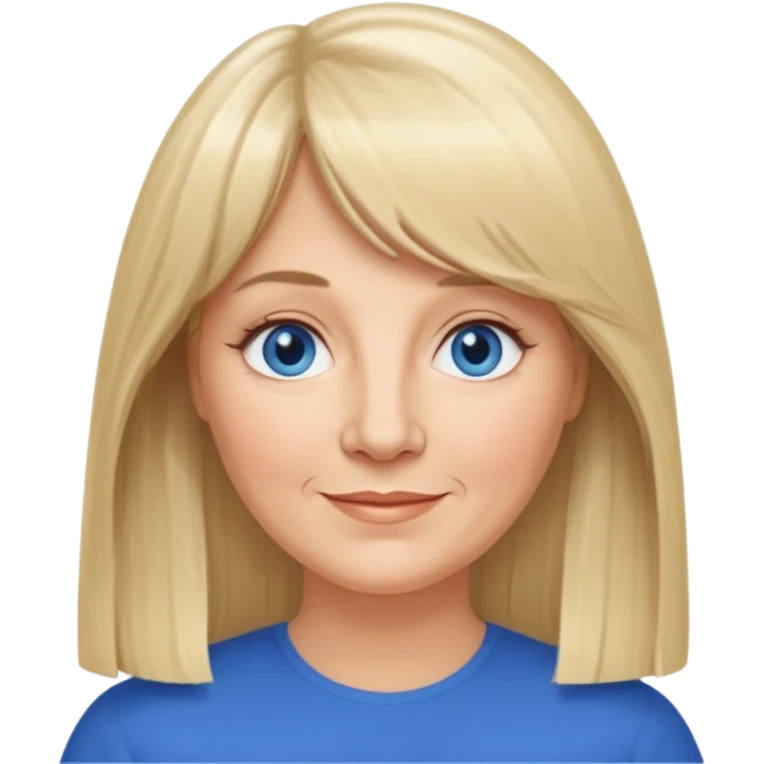 50 yr old white woman, curtain bangs, very long straight blond hair, oval face, small smile, blue eyes, slightly chubby face emoji
