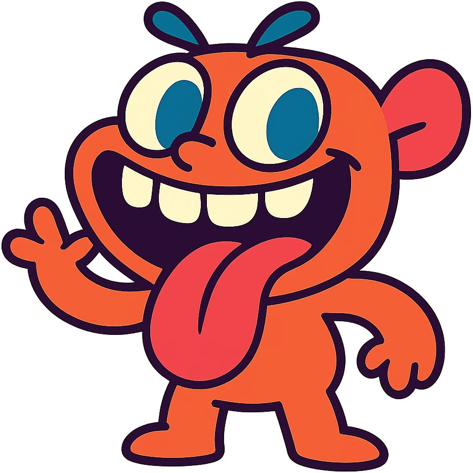 cartoonish character with big teeth and a big tongue, playful expression, vibrant colors, bold lines, cute style emoji