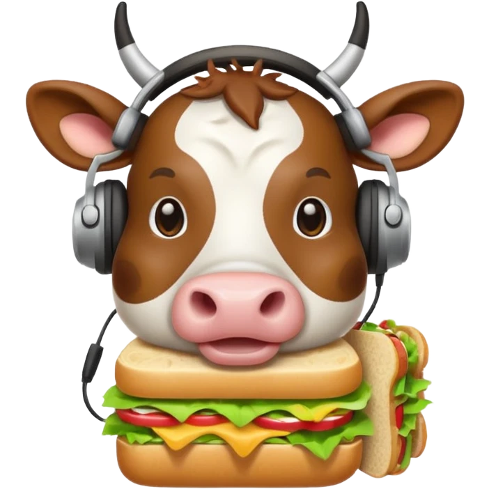 cow with big headphones eating a sandwich, apple emoji style emoji