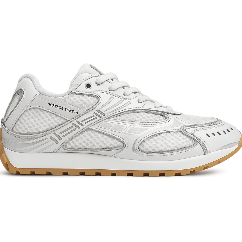 Recreate the Bottega Veneta Orbit sneaker in white with silver accents, keeping the exact design and details, side view, clean background, in a realistic and detailed style. emoji