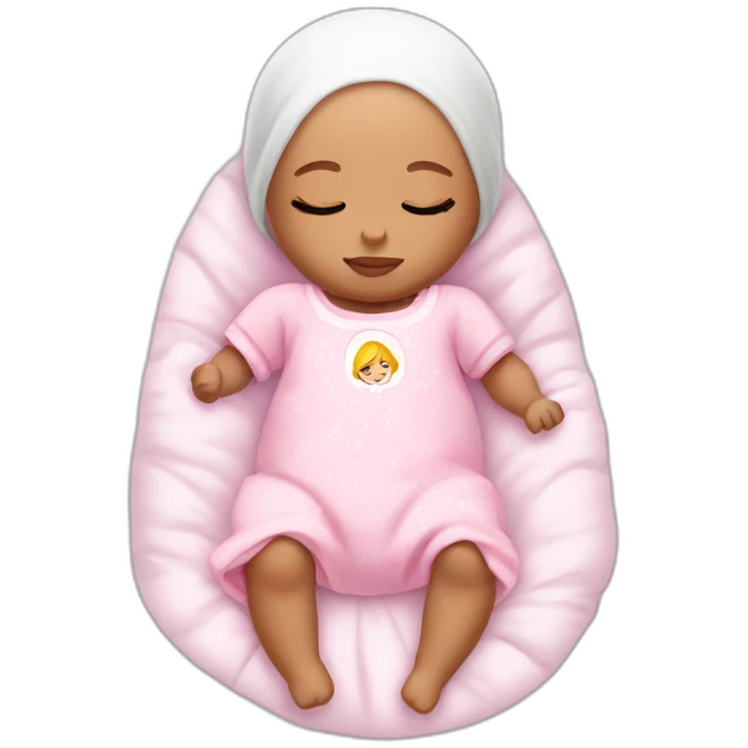 white sleeping newborn in a dress with a barbie logo emoji