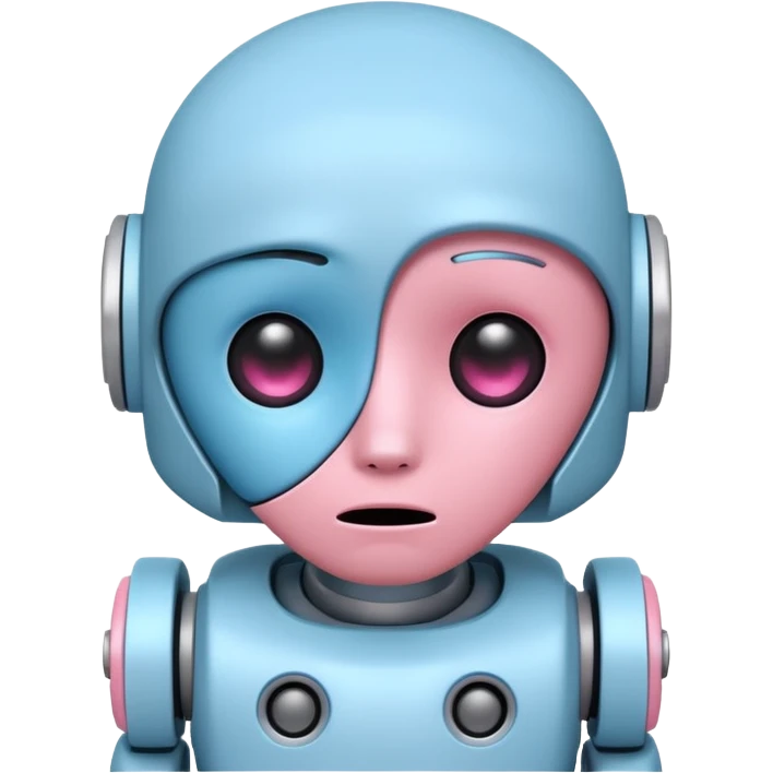 cute sad robot, pastel blue and pink, downturned mouth emoji