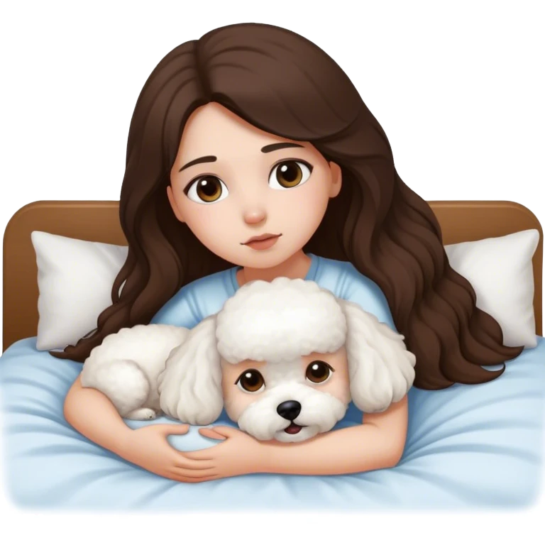 Brunette Long hair girl sick in bed by herslef with bichon frise dog emoji