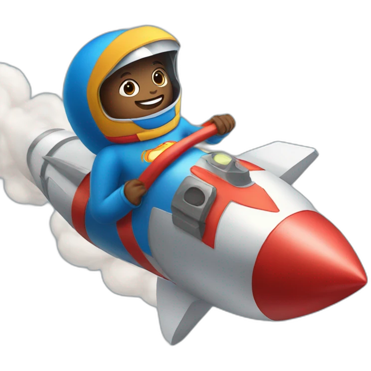 person dressed with a superhero cape but without mask is riding on a rocket emoji