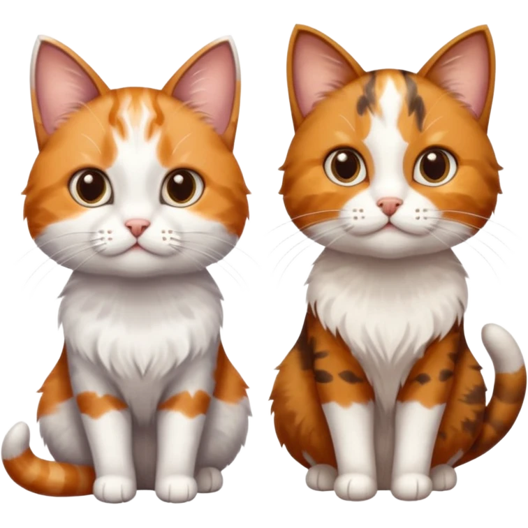 3 different coloured small cats including a dark brown tabby and white, and a patchy calico, and a ginger and white emoji