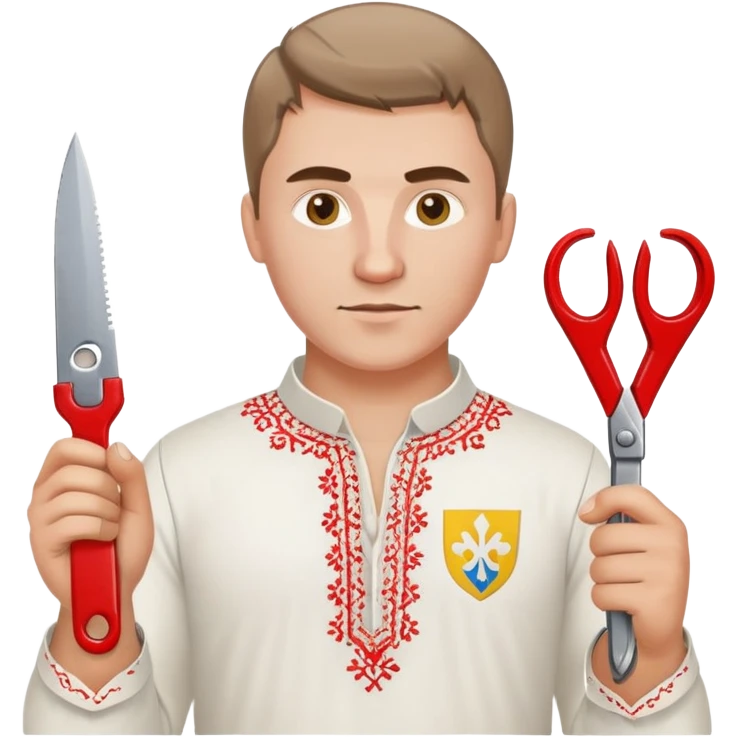 A Ukrainian man wearing traditional white embroidered vyshyvanka shirt holding red scissors in one hand and a spanner/wrench in the other hand emoji