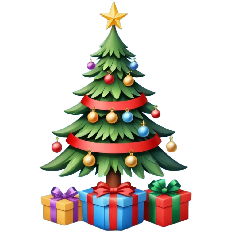 Christmas tree with decorations and ribbons, it has a star on top, at the base of the tree there are gifts. emoji
