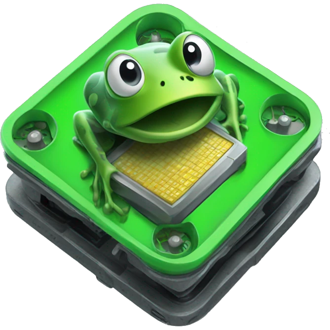 a processor hilhly futuristic in the hand of a frog emoji