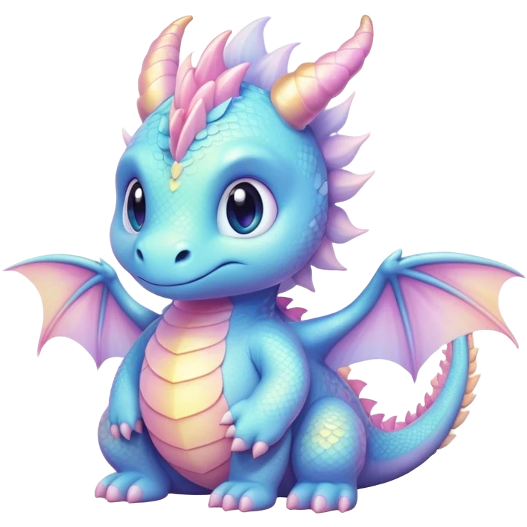 Cinematic fluffy pastel dragon, tiny round wings, chubby feet, sparkling gentle eyes, delicate glowing scales, soft colors blending magically, enchanting and whimsical. emoji