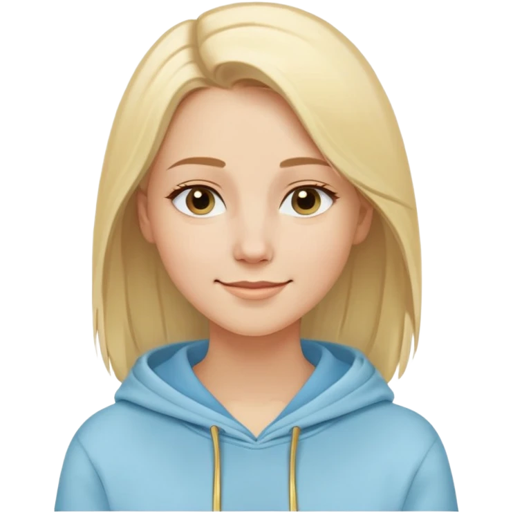 Caucasian woman, oval face, straight light blonde hair with side part, serene smile, dreamy expression, light blue hoodie with gold and white details emoji