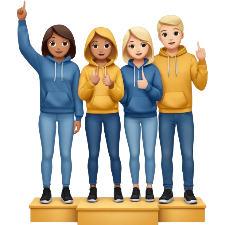 three people in jeans and hoodies on a winners podium with no label, middle step higher, center person holds up one finger on each hand, bright cheerful expressive emoji illustration emoji