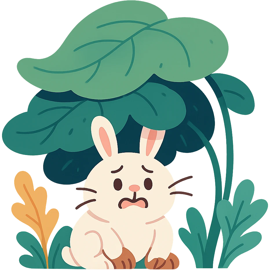 a bunny hiding under giant forest leaves, whimsical feel, pastel toon style emoji