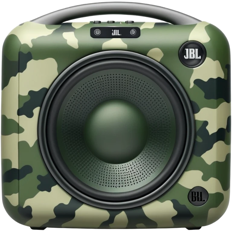 Minimalist JBL Clip 4 speaker with classic green army camouflage pattern, iOS emoji style emoji