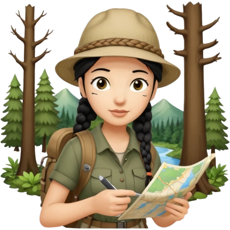 A braid black hair backpacking woman checking her map with curious eyes while walking in the woods with camping hat full body emoji