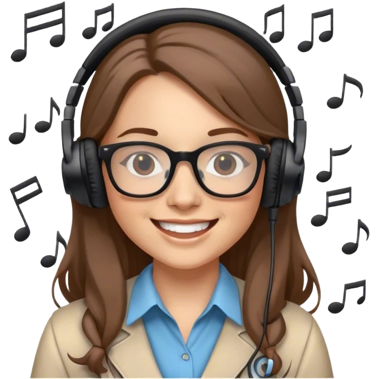 Cheerful female teacher with headphones, microphone, and music notes around. Long brown hair, glasses, smiling, fun and friendly vibe. emoji