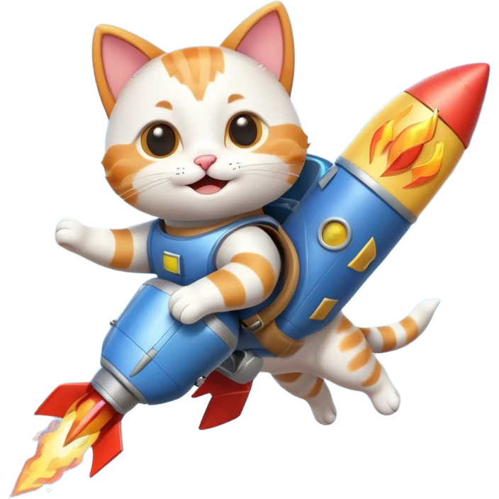 cute cat flying with a rocket pack on its back, rocket flames, happy face, 3D cartoon, mobile game icon style, clean background, no text, no watermark
 emoji