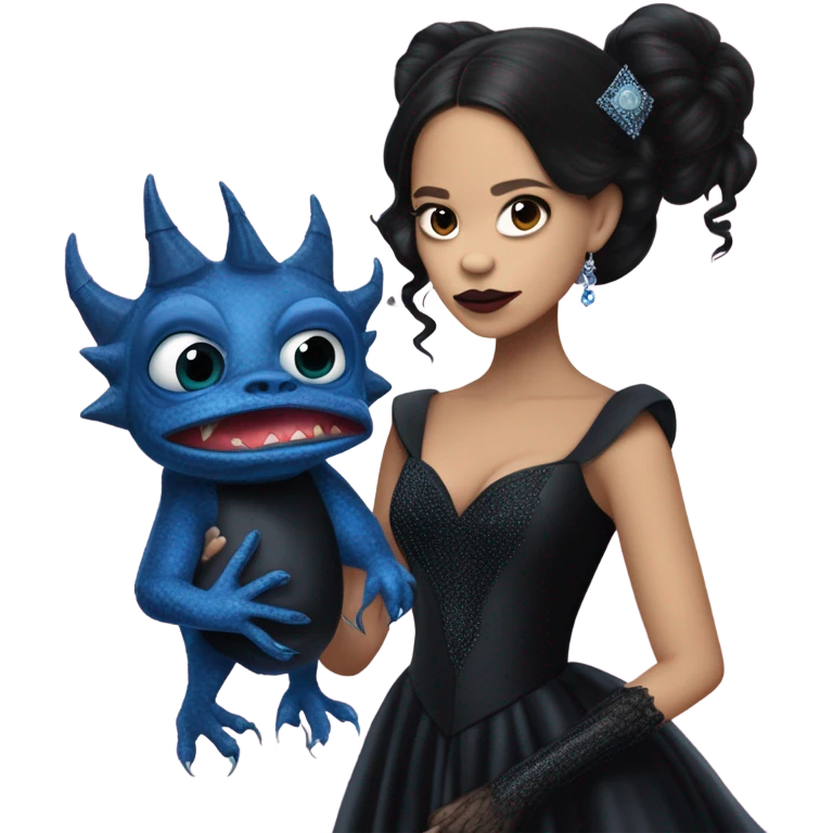 relaxed low-cut back silk black evening gown with lace gloves, Jenna Ortega as Addams woman prom queen wearing a mini diamond tiara, very large blood blue evil-looking horned old dragon hand puppet emoji
