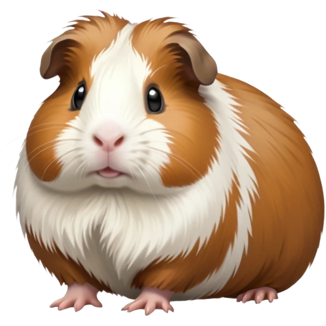 cinematic-[guinea pig]-realistic-full-body-standing-emoji,-tiny-paws-tucked-close,-head-tilted-dramatically,-fluffy-[brown and white]-fur,-simplified-yet-realistic-focused-features,-highly-detailed,-glowing-with-an-almost-sarcastic-glow emoji
