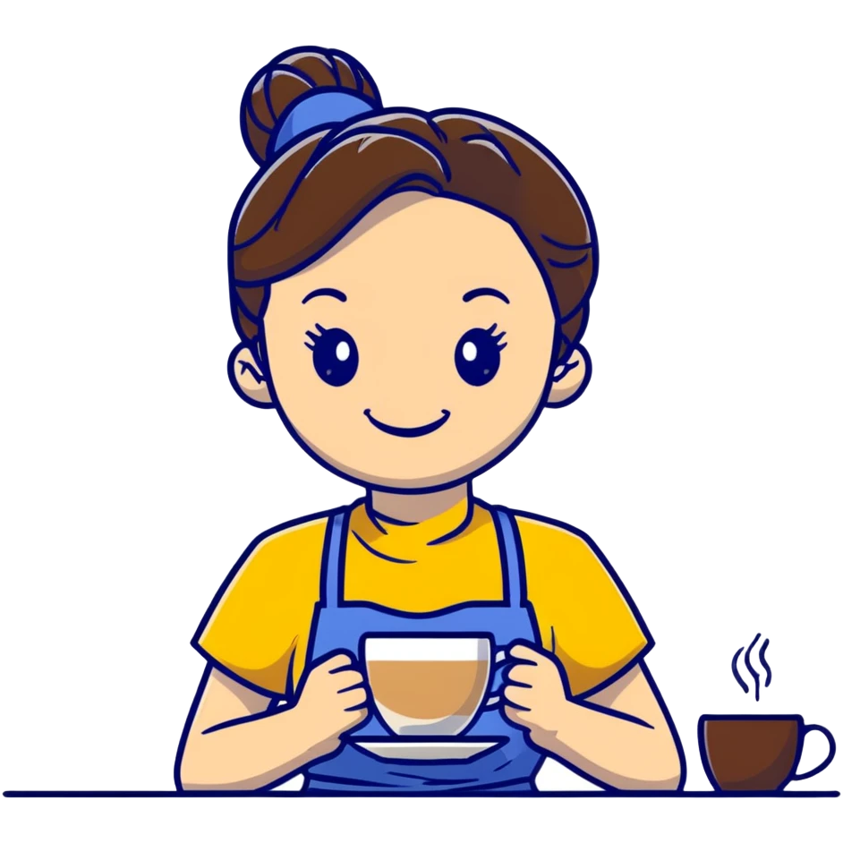 Cute brunette barista girl with hair in a bun wearing yellow shirt and dark blue apron, she's relaxed and making latte art, smiling at the coffee cup emoji