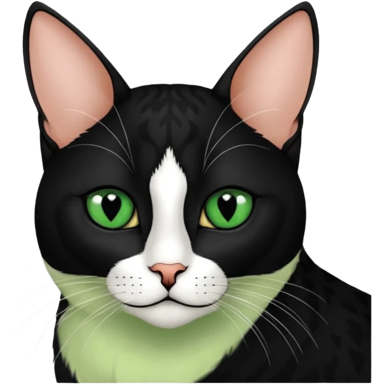 Haz una gata de ojos verdes la cara blanca con mancha negra en las orejas que agarra parte de la frente del lado der pero del iz va desde el ojo hasta la oreja la mancha, tiene la nariz negra en forma de corazón y todo lo que sobra de la cara, barbilla la nariz arriba y el lado de bigotes es blanca emoji