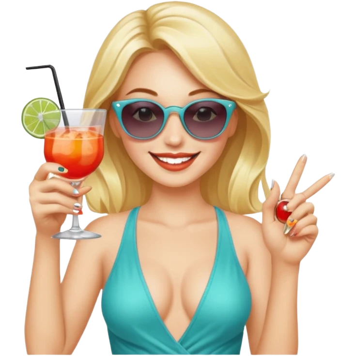 Professional sexy woman smiling holding cocktail posing in shades  and flashing peace sign fingers emoji