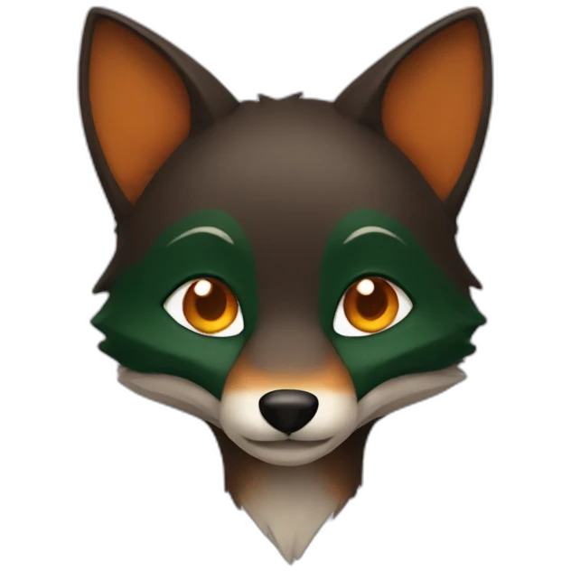 small dark brown fox with orange eyes and a dark green hood that smile emoji