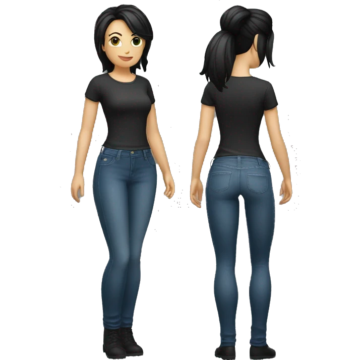 white woman, short ponytail with medium bangs black hair, tight jeans, tight shirt, full body. curvy emoji