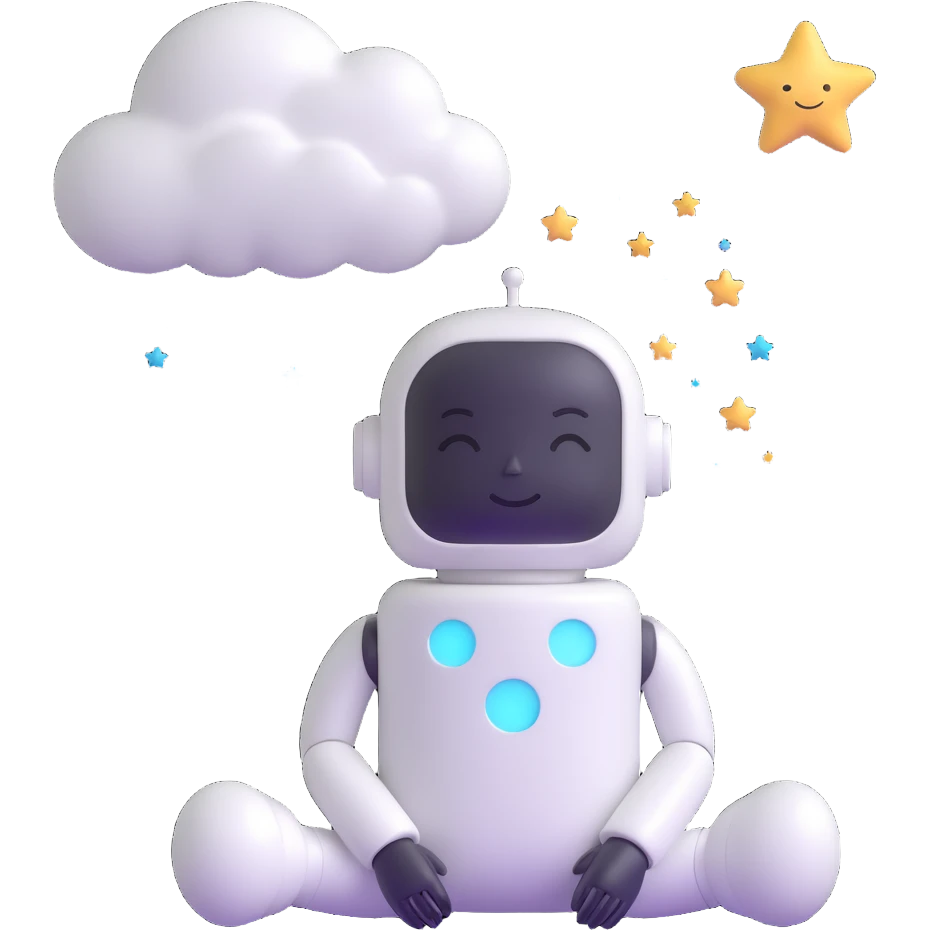 minimalist 3D cartoon-style icon of a peaceful dreaming robot with a pill-shaped head, eyes closed, gentle smile, soft features, stylized clouds and stars around the head, simple clean lines emoji