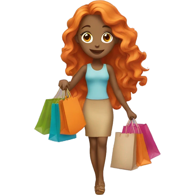 Tan girl with long wavy orange hair holding shopping bags emoji