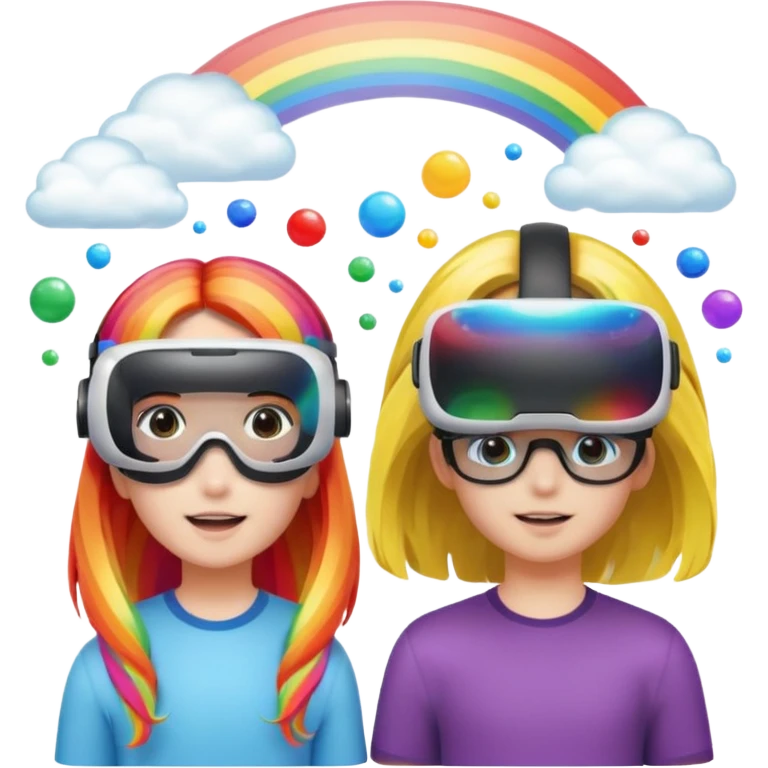 Human girl and boy Show a VR headset or AR glasses, symbolizing the immersive hair experience. Include virtual objects or a 3D scene floating in the air in front of rainbow Make the background transparent. emoji