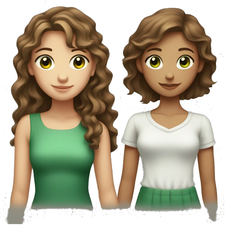 Two girls with brown hair and green eyes one with a little more wavy hair with they’re hand around each other  emoji