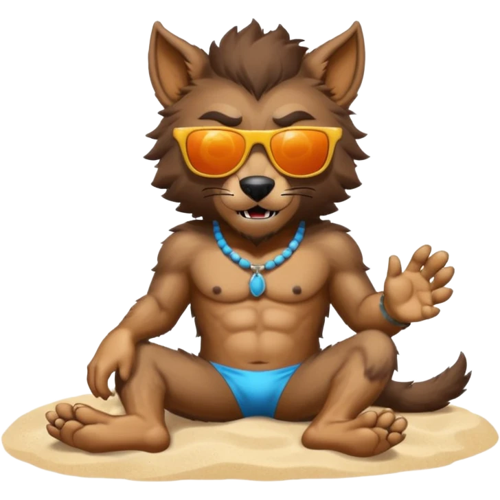 A furry werewolf sunbathes on the beach emoji