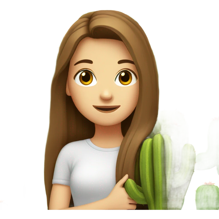 White Girl with long brown hair hugging a cactus emoji