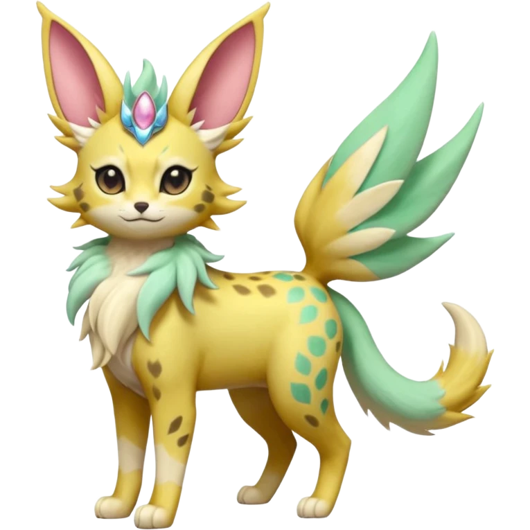 Epic complex detailed pastel minty green, pastel beige yellow pastel realistic aesthetic-scenic-Fakémon-Zorua-Litten-Leafeon-Sylveon-Trico-Sergal-Serval-Vernid-creature (full body) with far wings, shiny sparkly fairycore theme  emoji