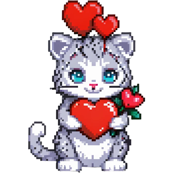snow leopard with cat ears holding a red heart emoji