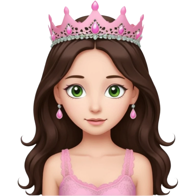 super long haired brunette with middle part cute pink lacy tank with a pink tiara on head, white but with a little bit of tan green eyes  emoji