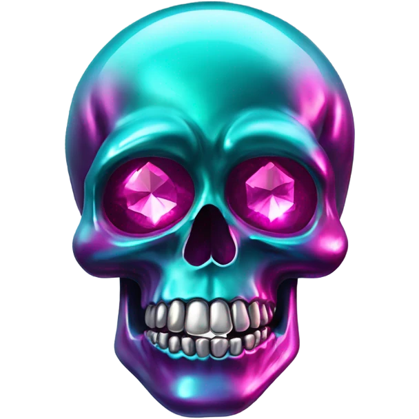 Realistic isolated shiny metallic dark turquoise skull with shiny sparkly magenta pink diamond for eyes. emoji