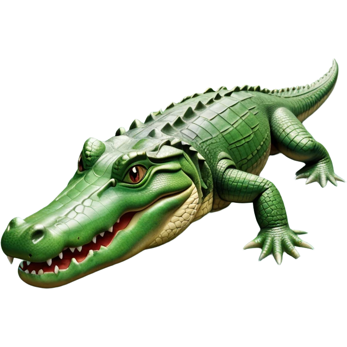 cinematic-crocodile-realistic-full-body-on all fours-emoji,-massive-scaled-body-partially-submerged-in-shallow-water,-head-tilted-dramatically,-rough-green-and-brown-hide-textured-with-deep-ridges,-simplified-yet-realistic-focused-features, head held high emoji