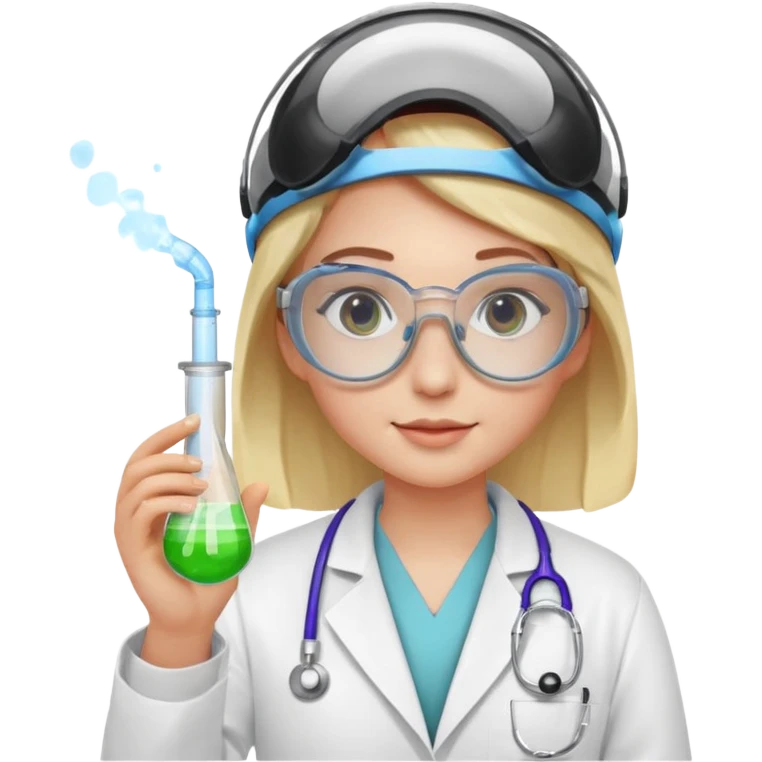 A person wearing safety goggles, a stethoscope, and a white coat. In one hand they hold a test tube containing chemicals  emoji