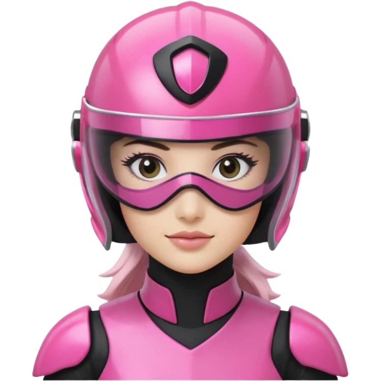 pink power ranger, woman emoji, with helmet on, black visor eye protection, black, power ranger helmet, emoji