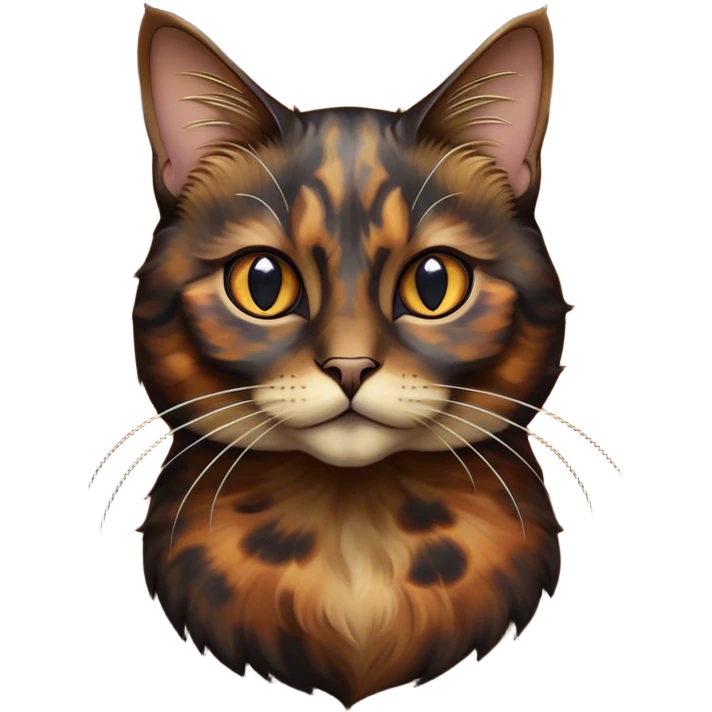 Cinematic Noble Tortoiseshell Cat Portrait Emoji, Poised and dignified, showcasing a luxurious, mottled fur of rich browns and blacks, with elegantly arched whiskers and a determined yet gentle expression, simplified yet meticulously detailed, glowing with a subtle, regal radiance, high shine, embodying quiet nobility and refined charm, soft glowing outline, capturing the essence of a sophisticated tortoiseshell cat exuding quiet authority! emoji