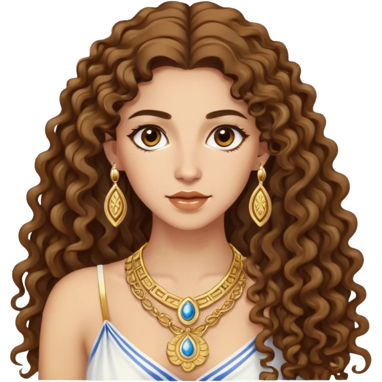 attractive Greek woman with long curly hair and light skin wearing gold Greek jewelry emoji