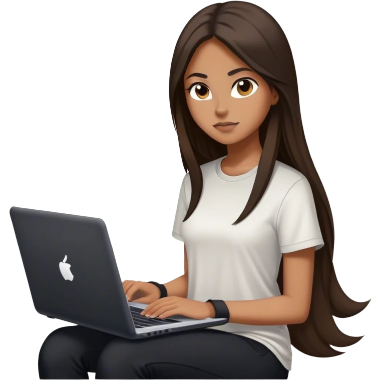 beautiful girl,  with long dark brown hair, straight hair, with laptop,white tan black shirt and black pants and white snickers nike emoji