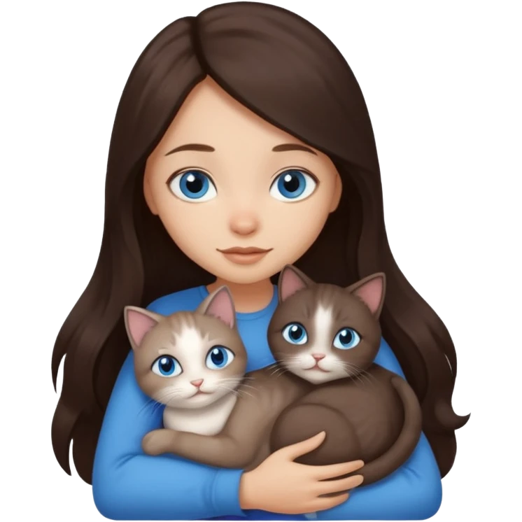 a pretty girl with long dark brown hair, with blue eyes, hugs 3 different natural coloured small cats emoji