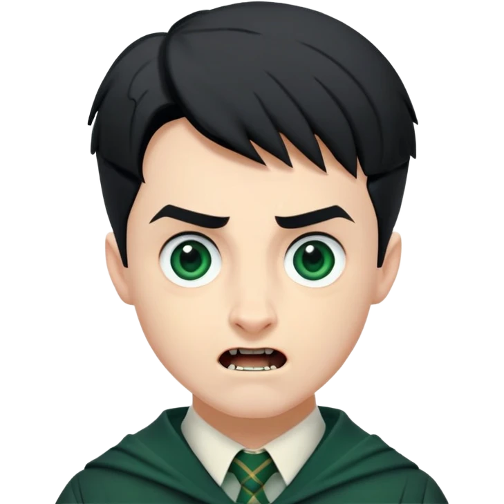 Jamie Yeates is Marcus Flint in harry potter, wear hogwarts slytherin uniform, short black hair, bulky face, often grimacing and showing buck teeth growl menacingly emoji