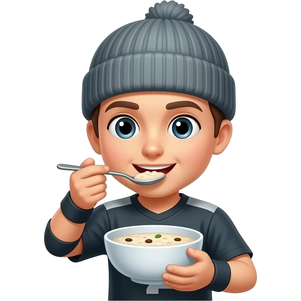 volleyball wearing a beanie eating from a bowl of porridge. just this. do not add anything else, i want the volleyball to have a face emoji