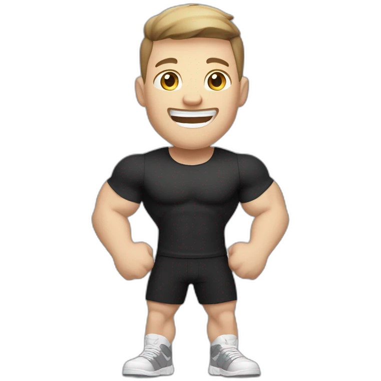 Joyful Celebrating victory Pale skinned Fit Man With the biceps and dark brown hair in black shirt, gray sports shorts and white Sneakers emoji