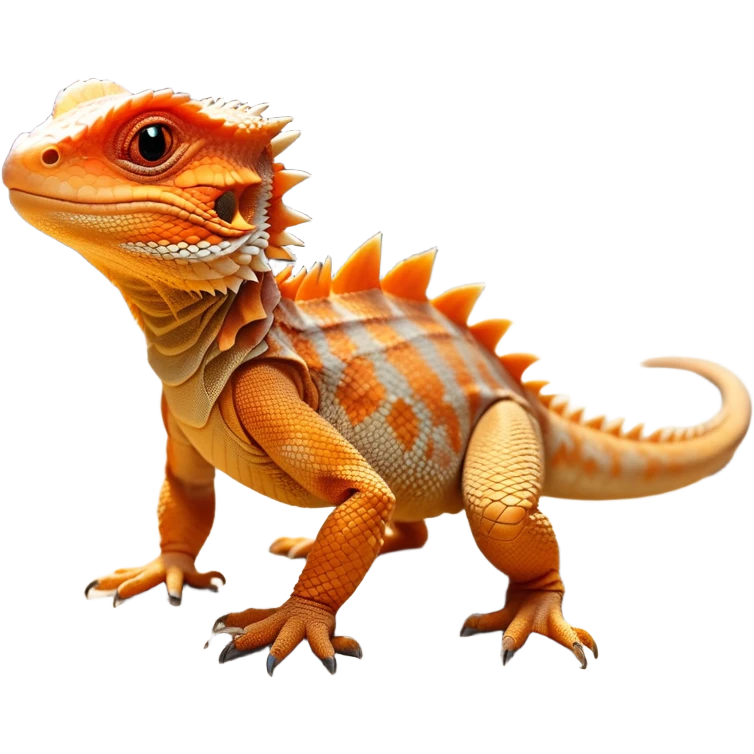 cinematic-bearded-dragon-realistic-full-body-standing on all fours-emoji,-rough-scaled-body-balanced-on-strong-legs,-spiky-throat-slightly-flared,-head-tilted-dramatically,-warm-orange-and-brown-patterns-glowing-under-the-sun,-simplified-yet-realistic-focused-features,-highly-detailed,-glowing-with-an-almost-sarcastic-glow emoji